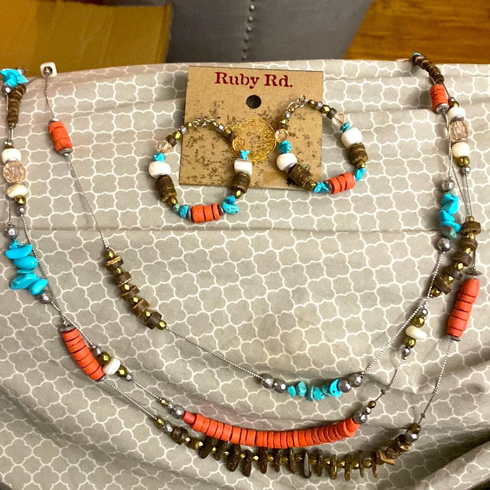 Ruby Road beaded long necklace and hoop earrings NWT
